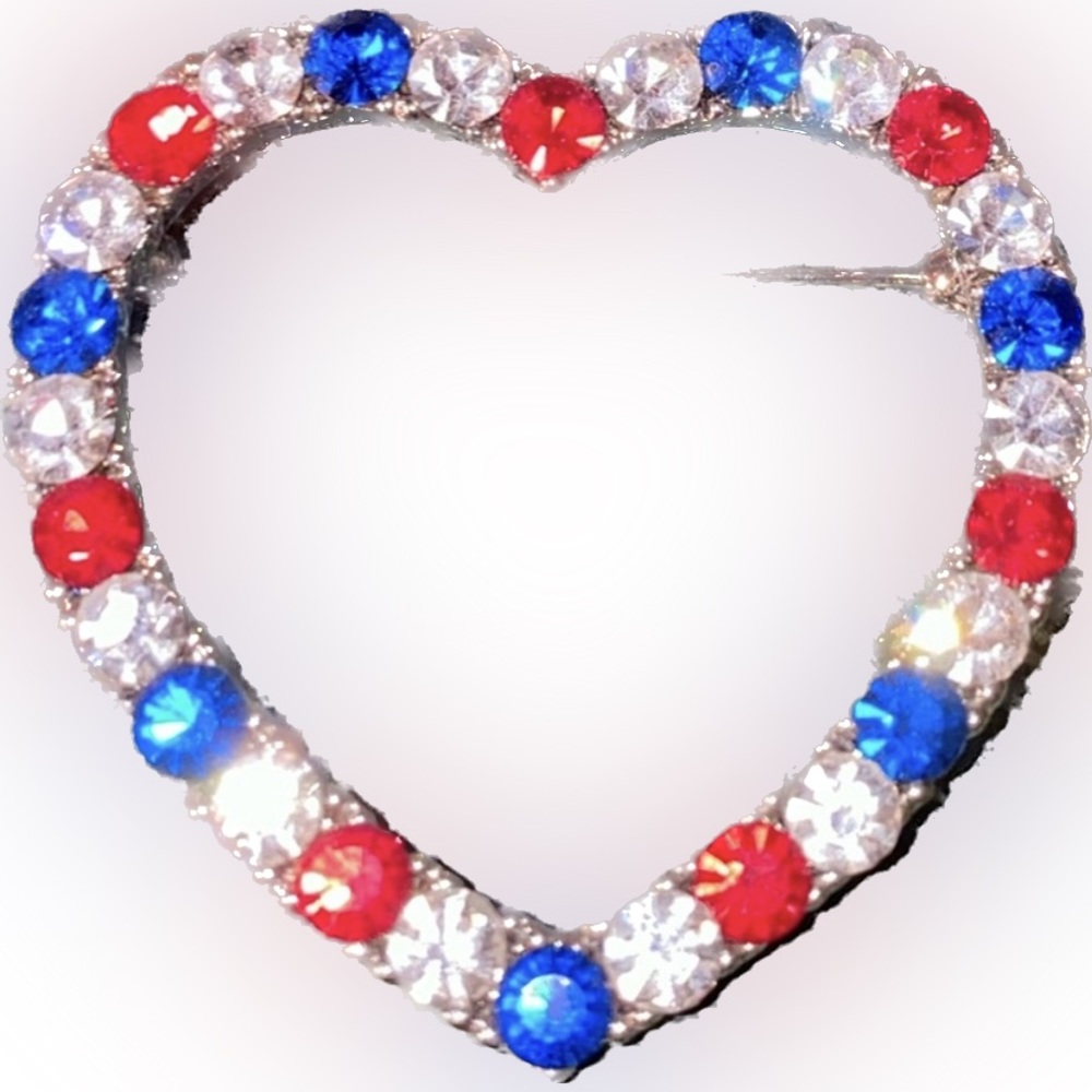 Vintage Rhinestone red, white, and blue heart pendant.